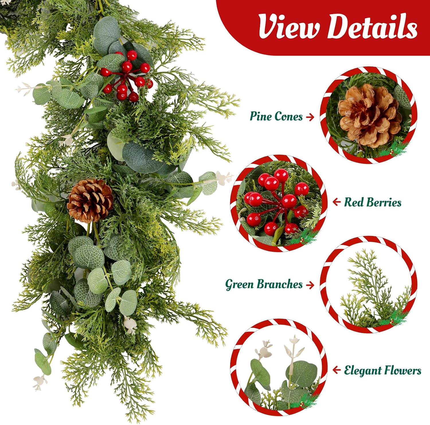6ft Christmas Garland, Norfolk Pine Lighted Garland with Berries & Pinecones, Real Touch Greenery Wreath for