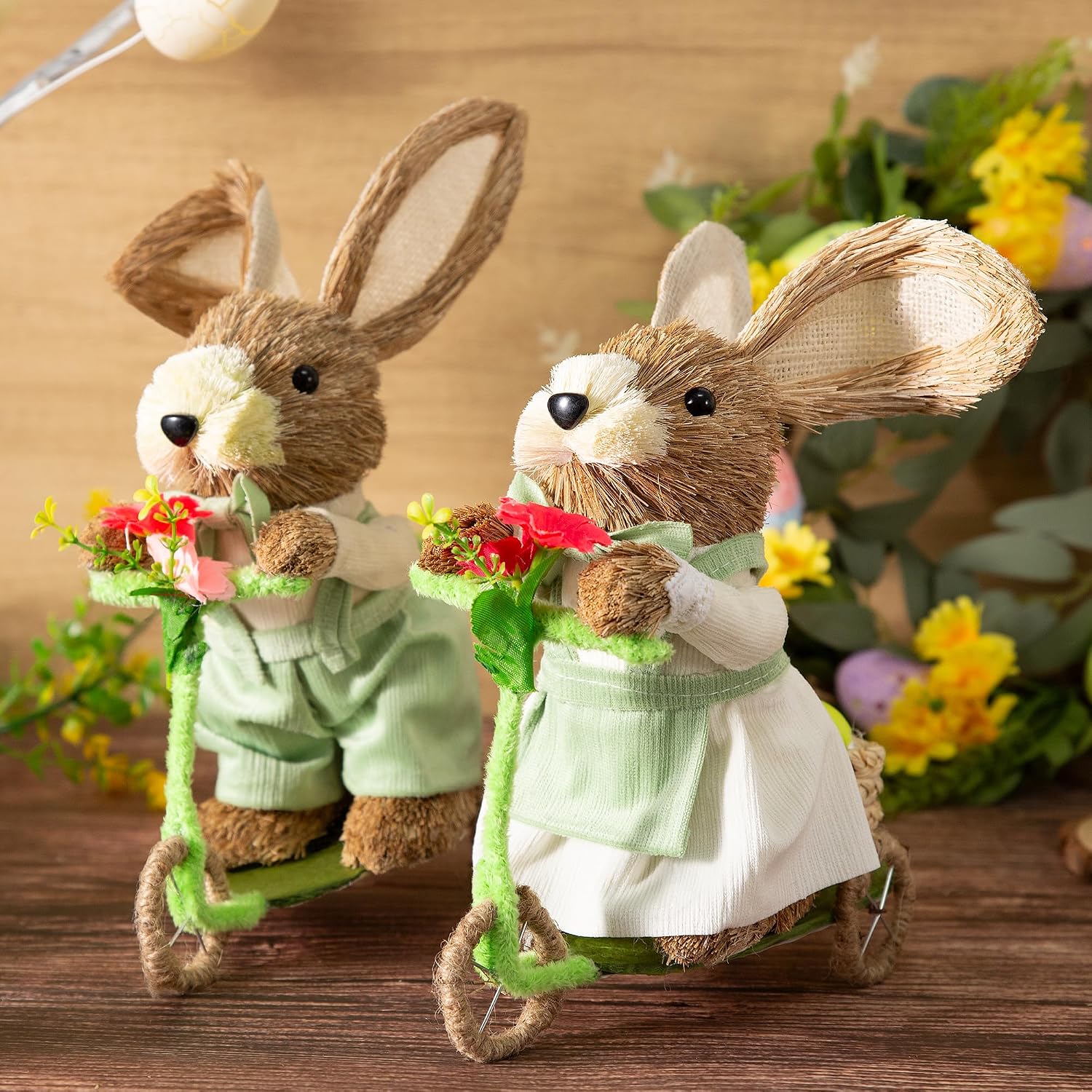 Easter Decor Bunny Bicycle Figurines 10.6 Inch, Easter Bunny Decor with Carrot, Eggs & Flowers, Straw Bunny Couple