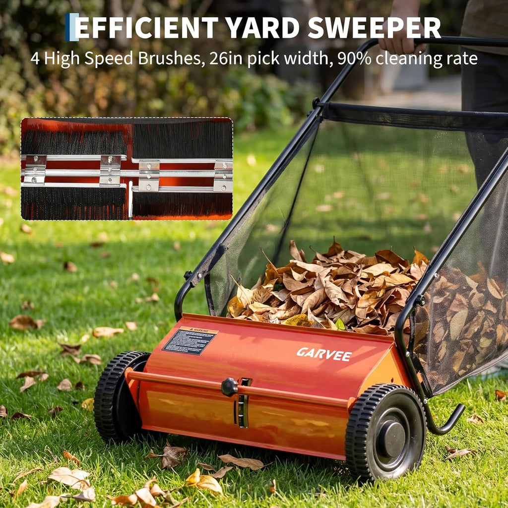 Push Lawn Sweeper 26Inch-Heavy Duty Walk Behind Leaf Collector and Yard Sweeper for Outdoor,Patio,Driveway,Garden