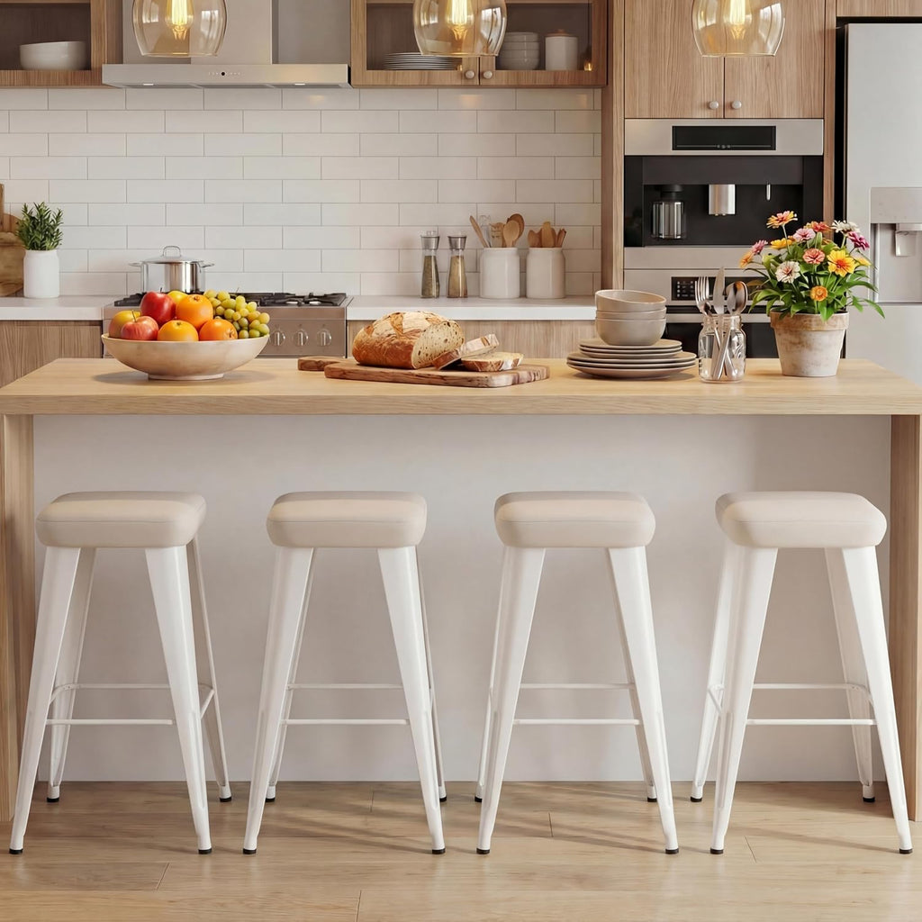 Backless Bar Stools Set of 4, 26" Farmhouse PU Leather Barstools