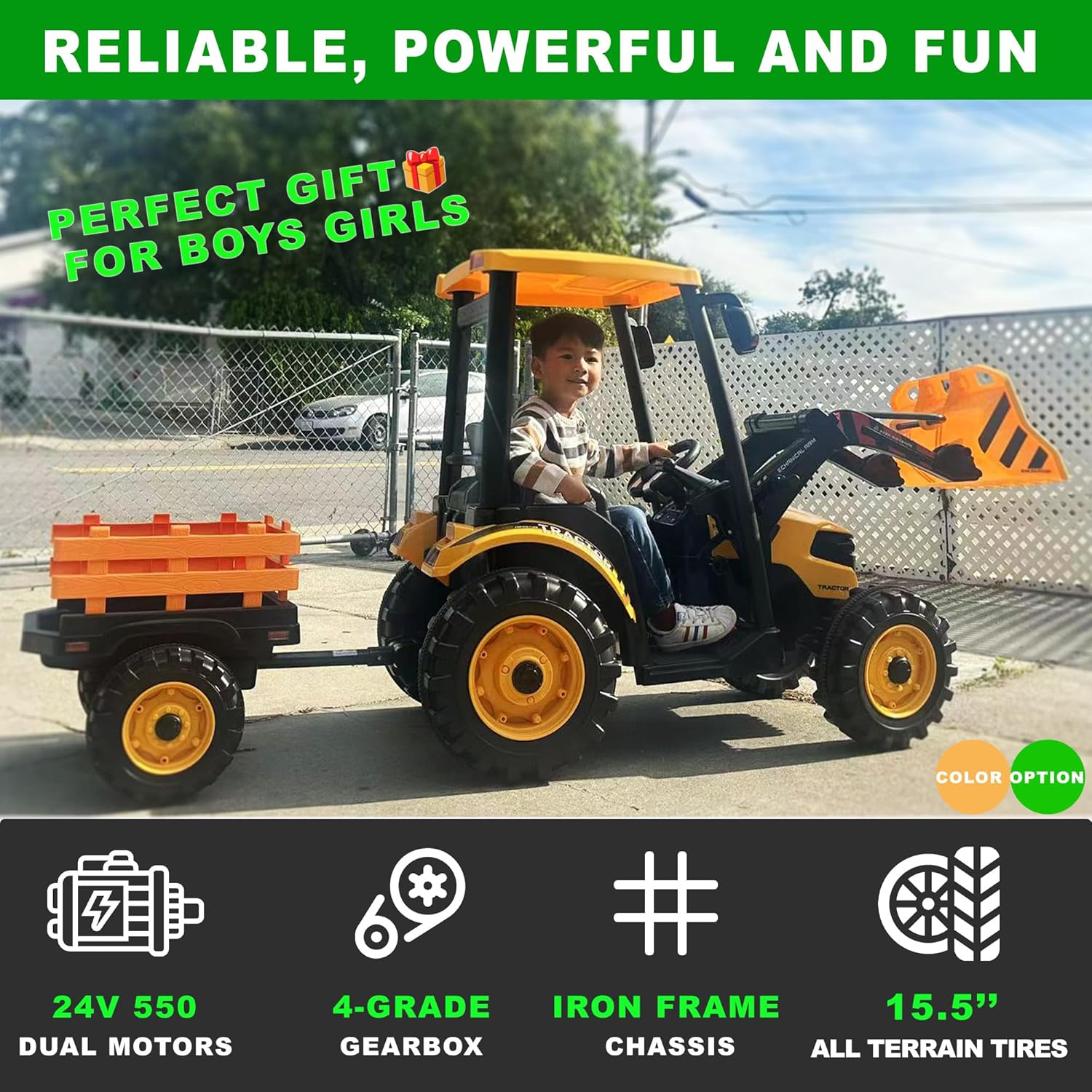 24V Kids Ride On Tractor, 3IN1 Riding Tractor w/Trailer&Front Loader, Power Wheels 24V Ride on Toys for Boys Girls
