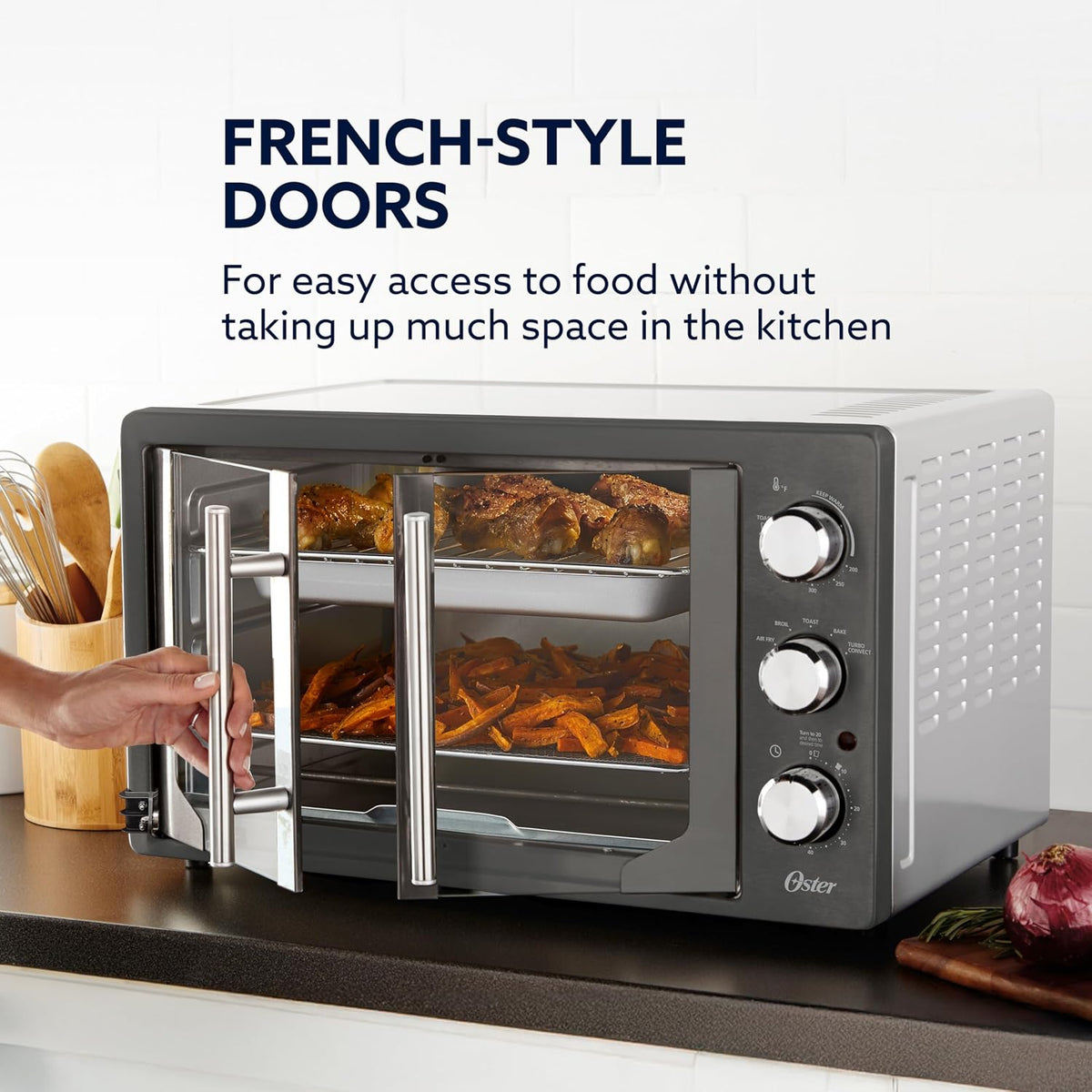 Extra-Large 42L French Door Countertop Toaster Oven, 6-in-1 Air Fryer Oven with Air Fry Rack, Wire Rack, Baking Pan
