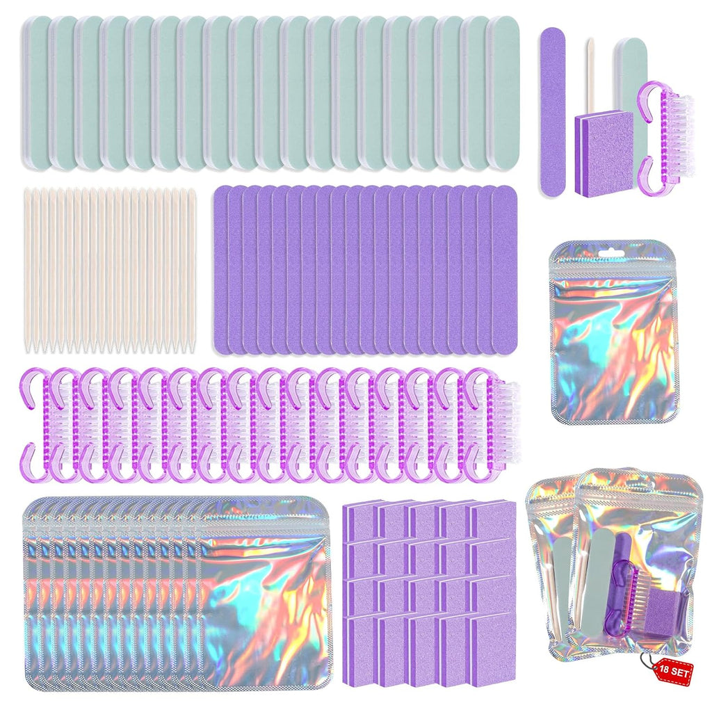 18 Set Disposable Manicure Kit Set, Press On Nail Tool Kit (Purple)