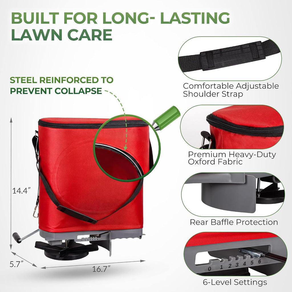25lb Handheld Bag Seed Spreader with Enclosed Metal Gears, Rear Baffle, Adjustable Flow Control, Durable Oxford Bag
