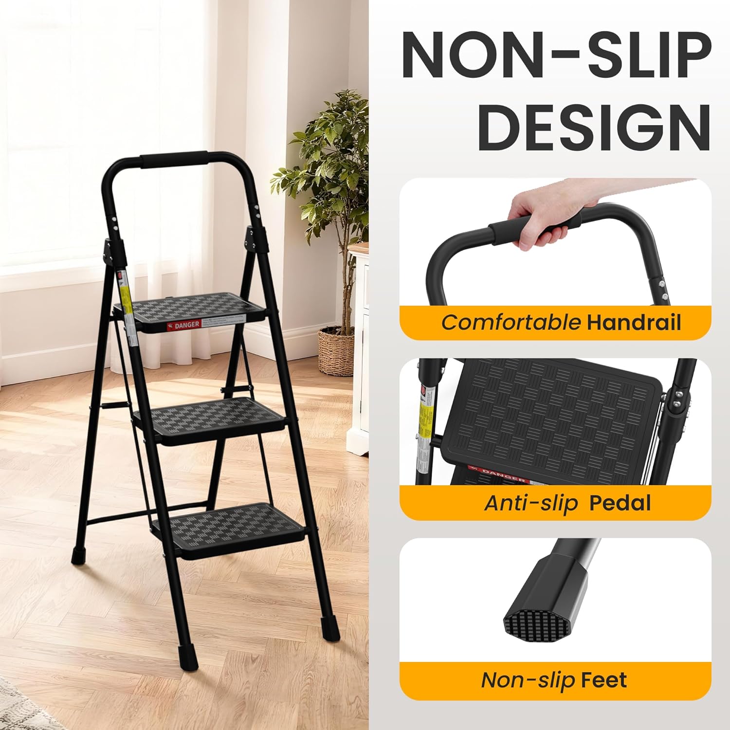 3 Step Ladder, Folding Step Stool with Wide Anti-Slip Pedal, Step Stool Foldable with Cushioned Handle for Home and