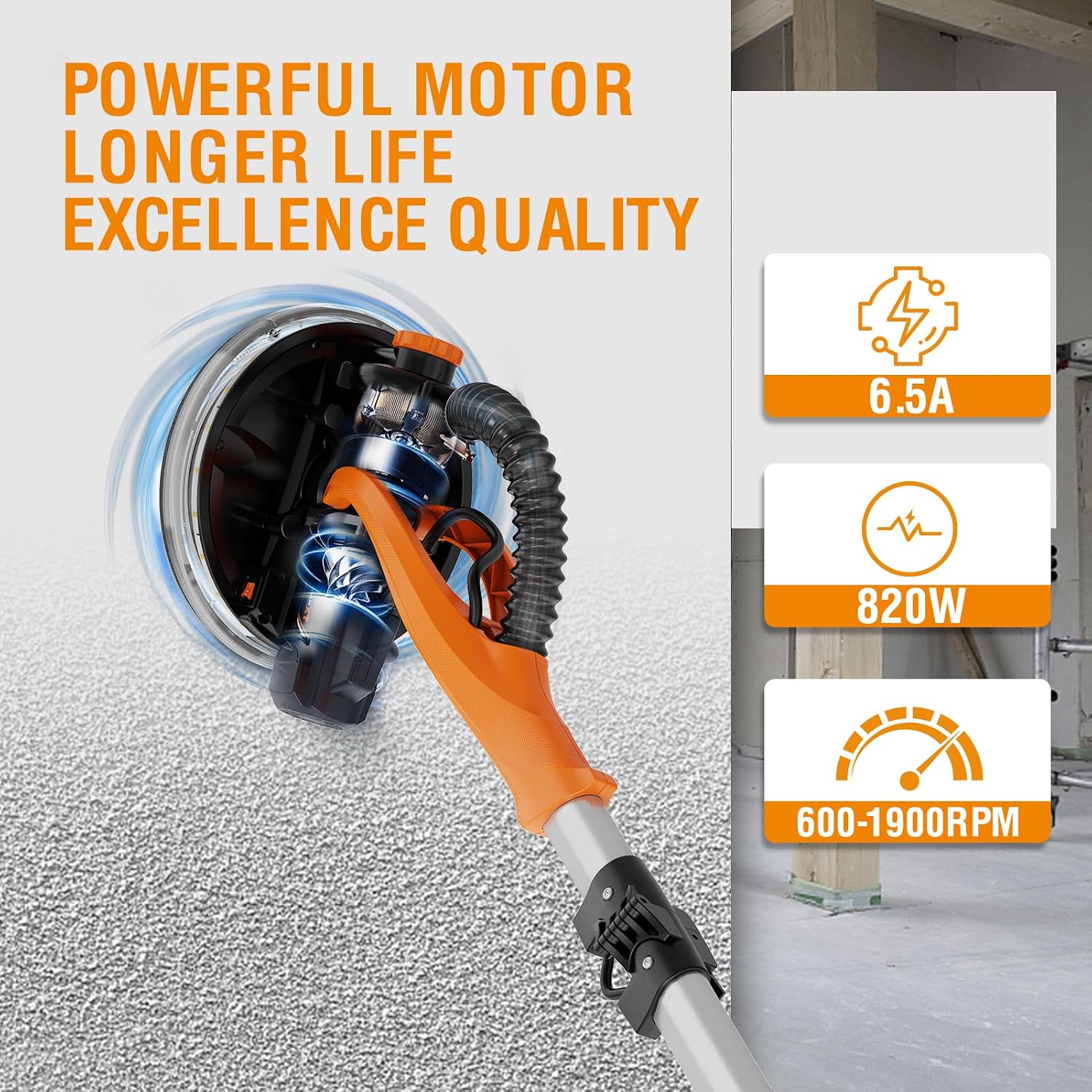 Drywall Sander with Vacuum Dust Collection, 6 Variable Speed Foldable Telescopic Electric Wall Sander, Popcorn