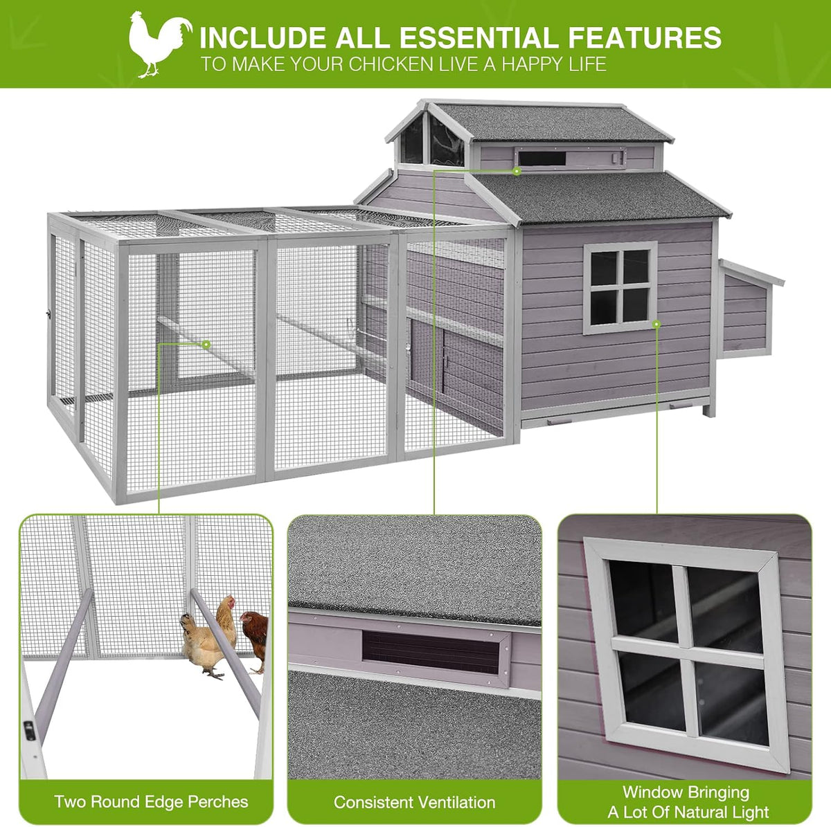 Chicken Coop Large Hen House for 8-10 Chickens Wooden Poultry Cage with Run and Nesting Box 115in