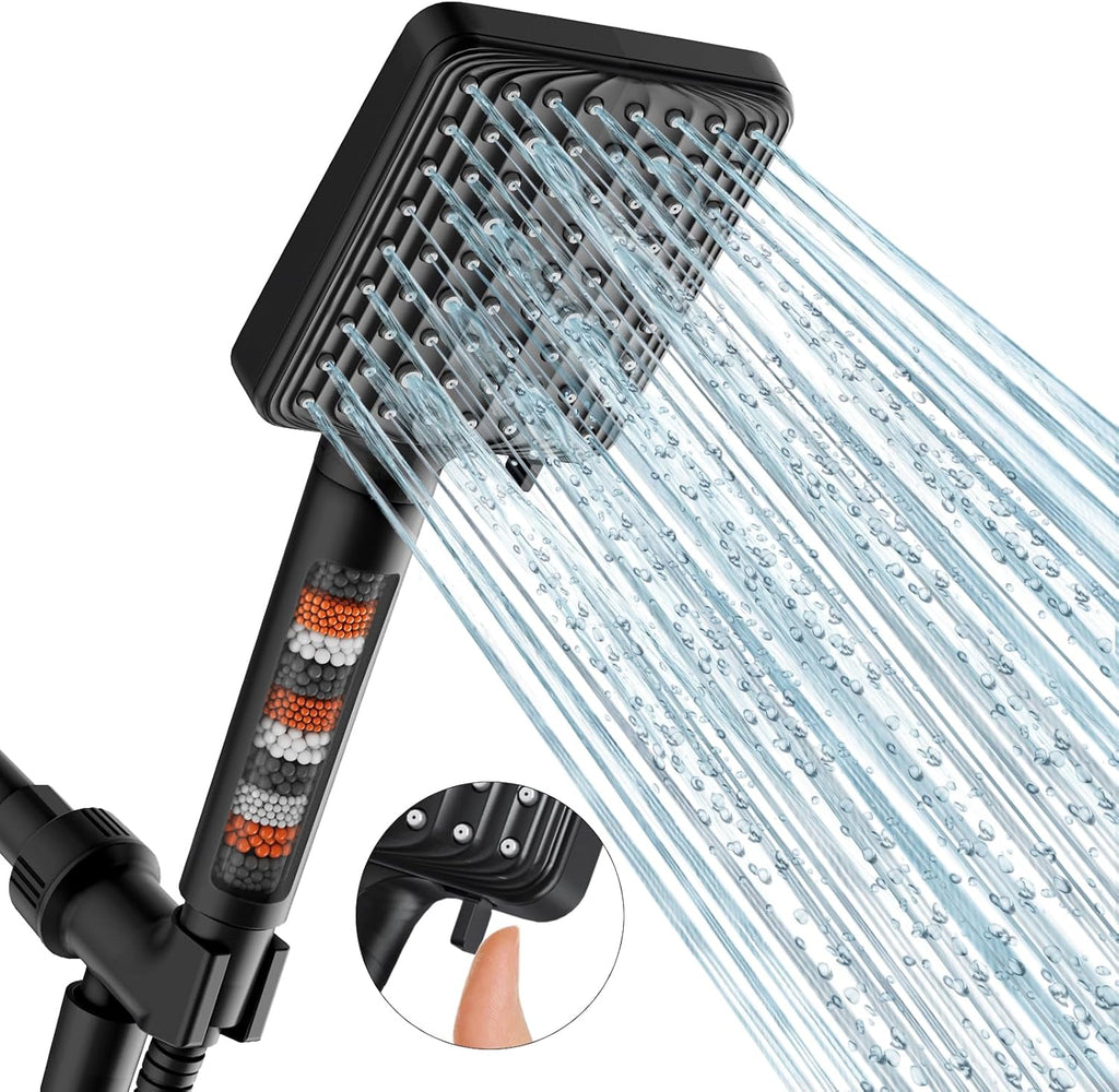 Filtered Shower Head Black - 6 Modes High Pressure Handheld Shower Head with Filter Mineral Beads, Detachable