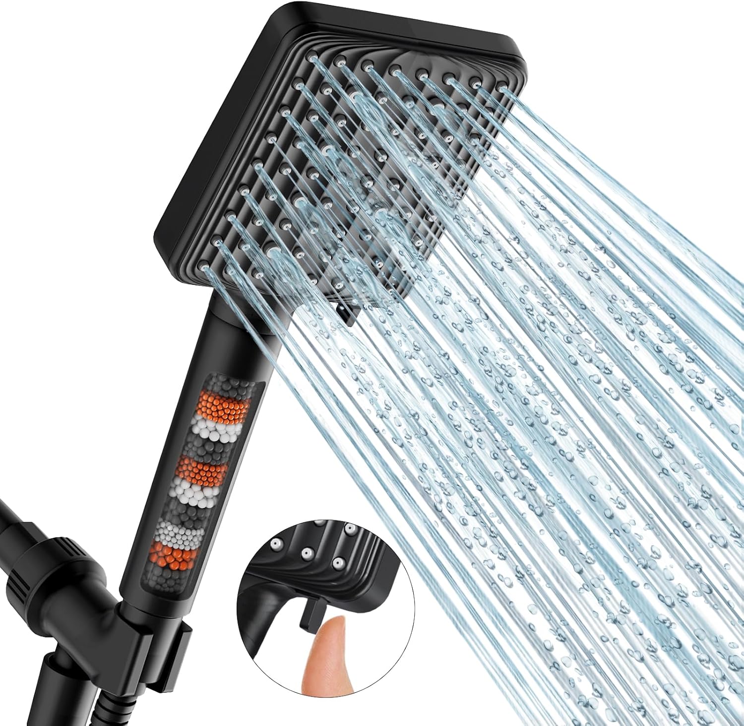 Filtered Shower Head Black - 6 Modes High Pressure Handheld Shower Head with Filter Mineral Beads, Detachable