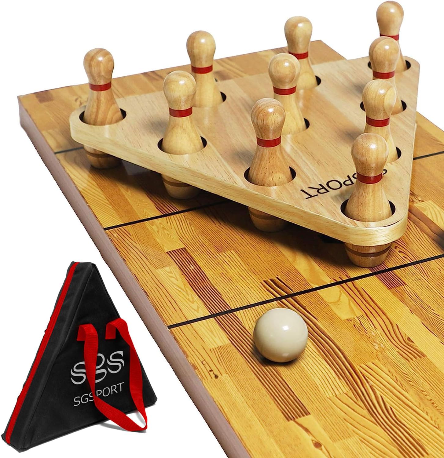 Shuffleboard Bowling Pin Set with 10 Pcs Premium Hardwood Bowling Pins Durabel Triangular Pinsetter Resin Bowling