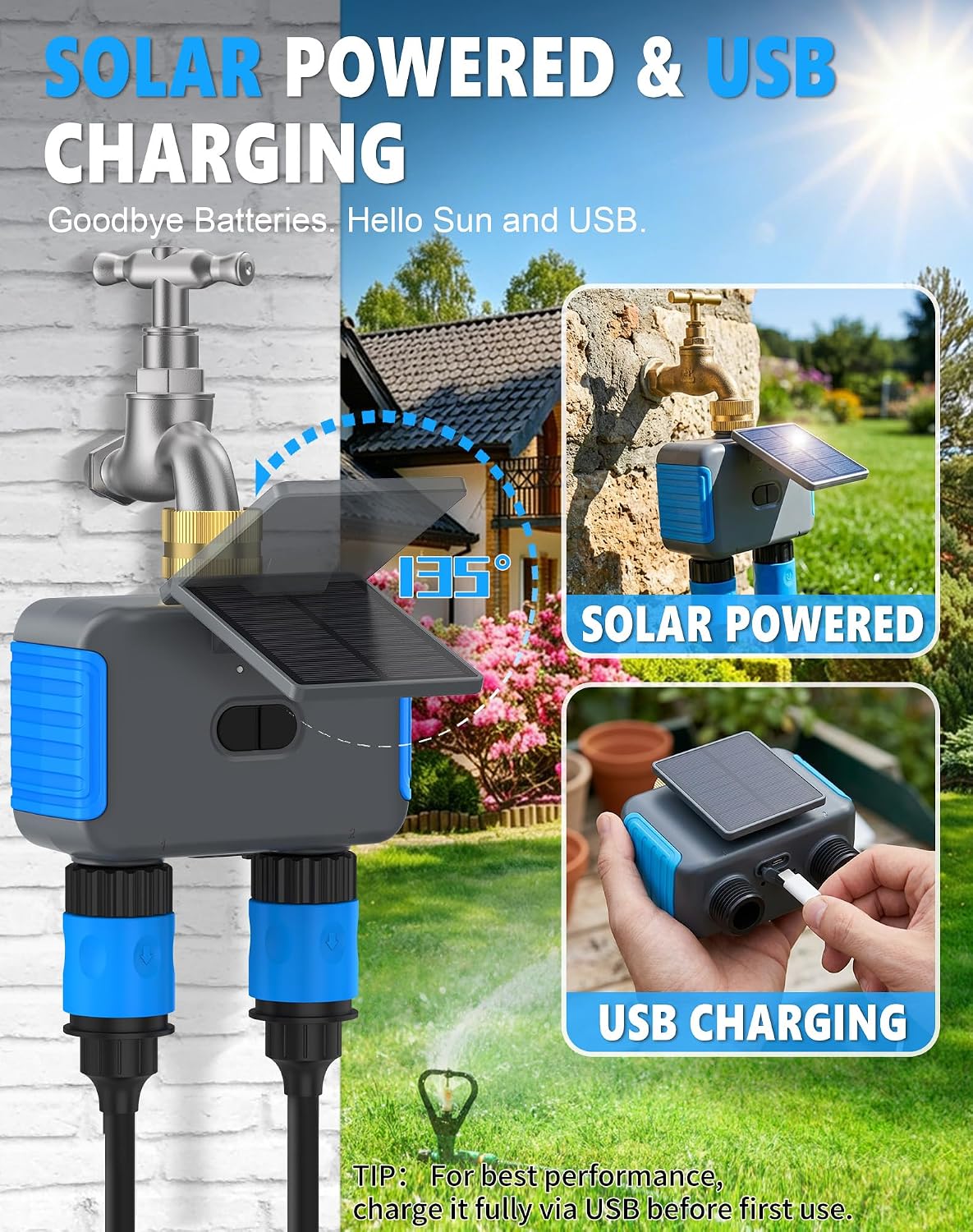 WiFi Solar Sprinkler Timer, 2 Zone Smart Bluetooth Hose Timers | Water Timer for Garden Hose with APP, Digital