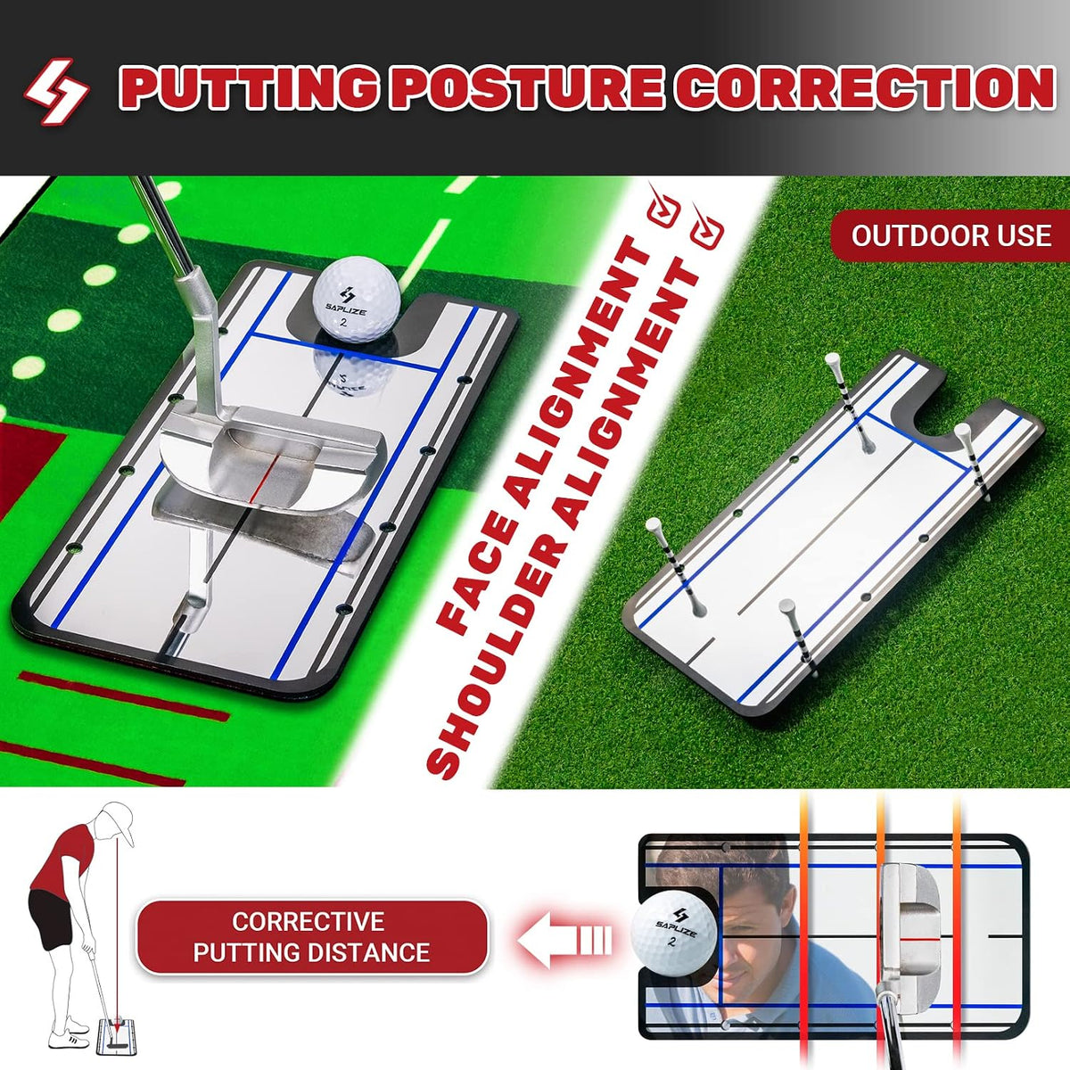 Golf Putting Mat, Visible Trajectory Tracing, Multiple Training Modes, with Putting Alignment Mirror and Adjustable