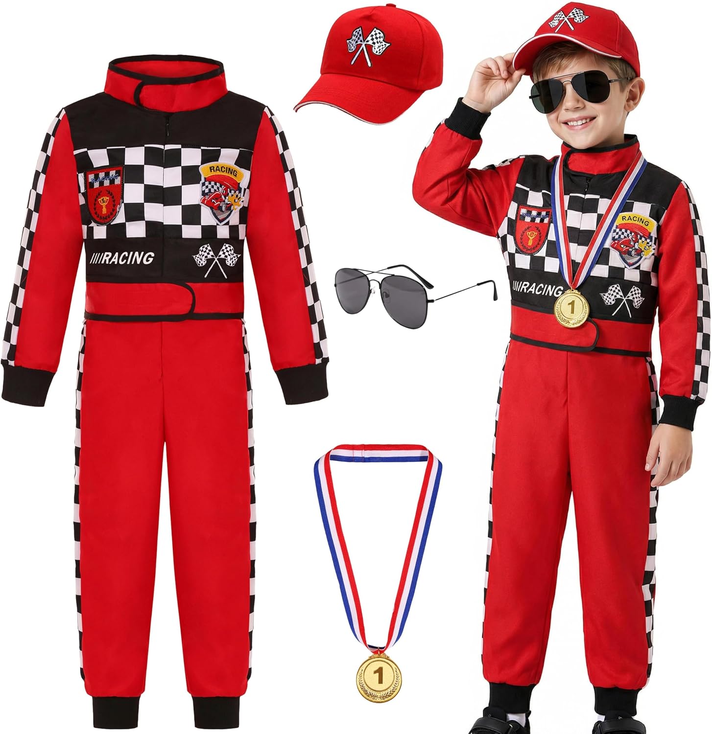 Kids Race Car Driver Costume Set Boys Girls Racer Jumpsuit Halloween Racer Cosplay Dress Up