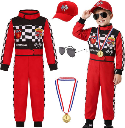 Kids Race Car Driver Costume Set Boys Girls Racer Jumpsuit Halloween Racer Cosplay Dress Up
