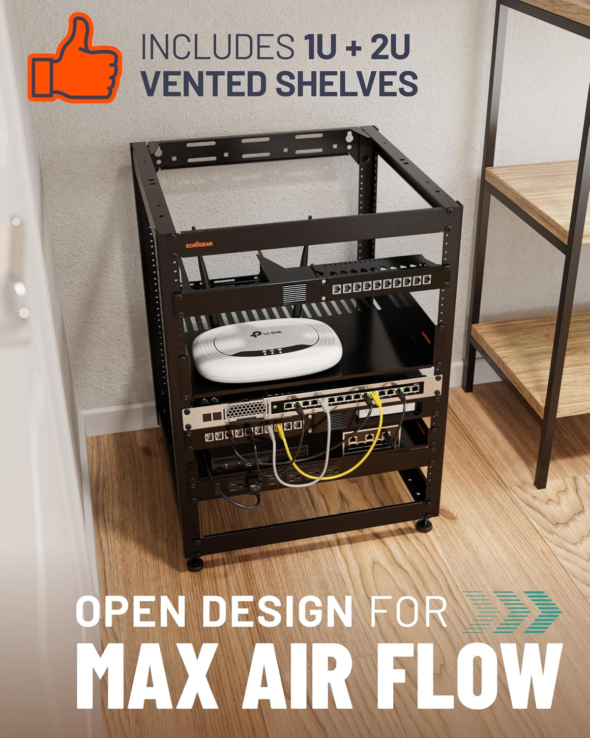 ECHOGEAR 15U Open Frame Rack w/Optimal Air Flow, DIY Assembly, 20.4” Depth
