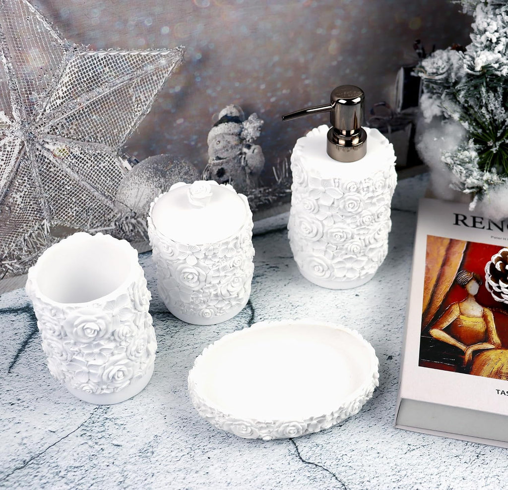 Bathroom Accessories Set,Rose Design Bathroom Set,Farmhouse Bathroom Decor,4 Pcs Resin Gift Set Apartment