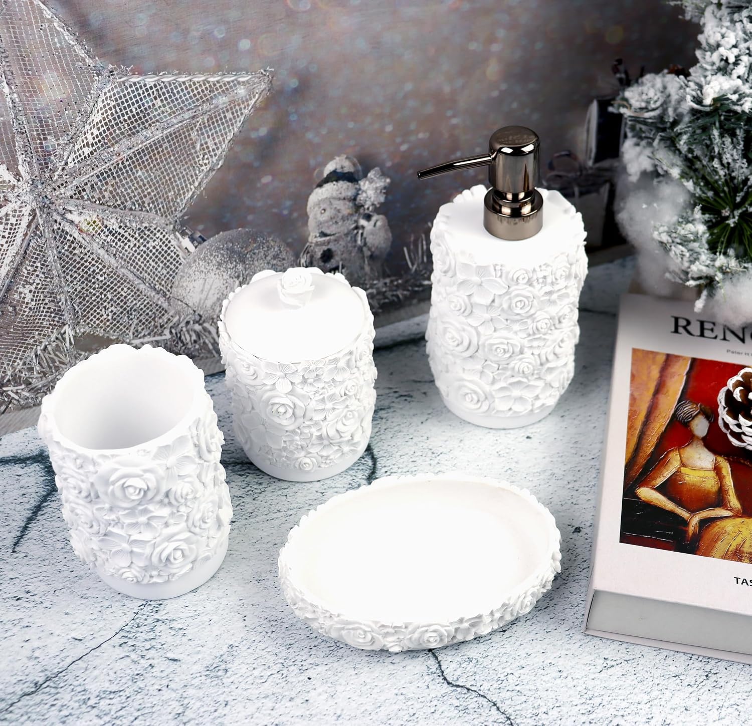 Bathroom Accessories Set,Rose Design Bathroom Set,Farmhouse Bathroom Decor,4 Pcs Resin Gift Set Apartment