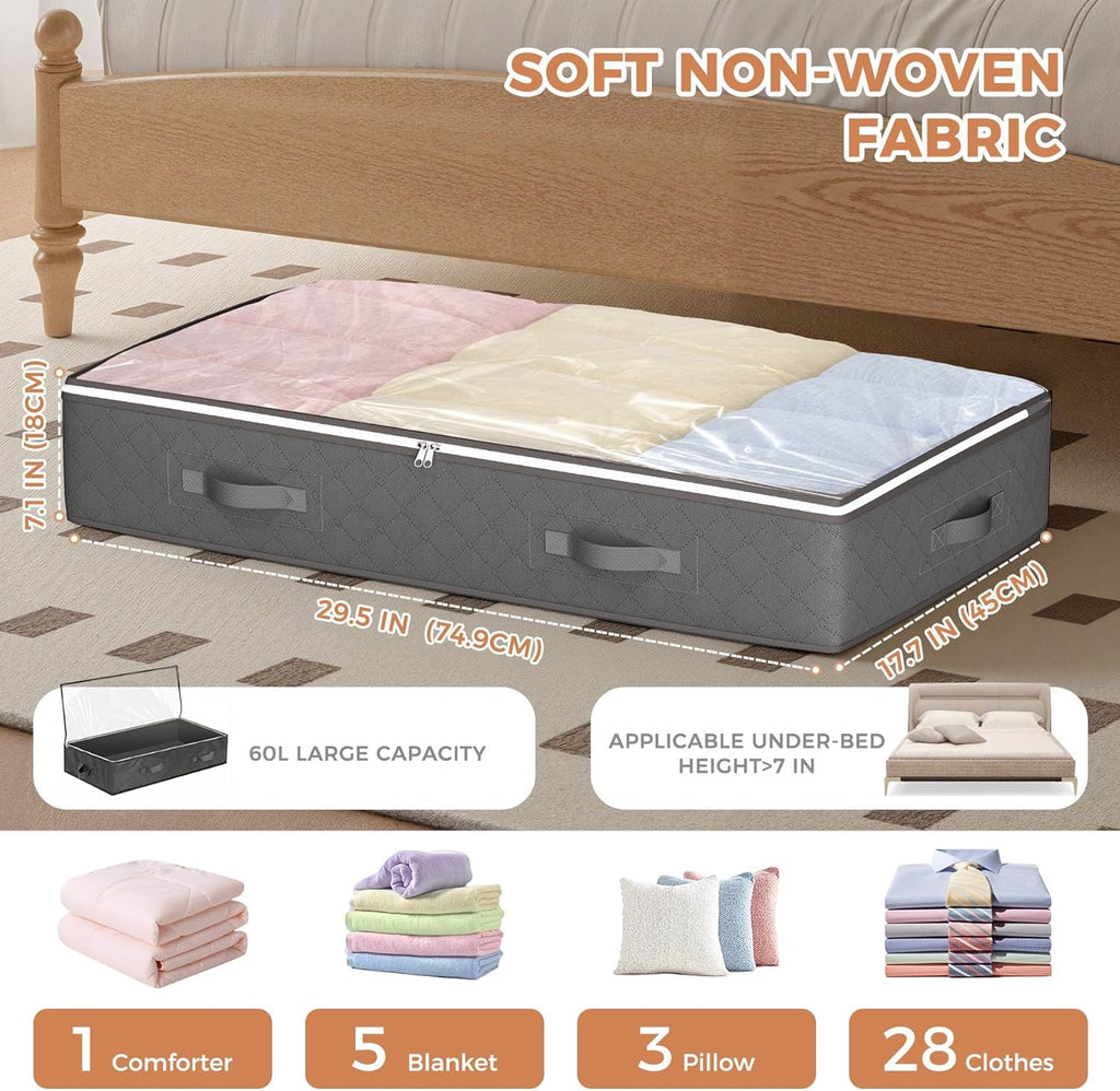 60L Under Bed Storage Containers, Storage Bins with Clear Lids, Foldable Closet Organizers for Clothes, Blankets