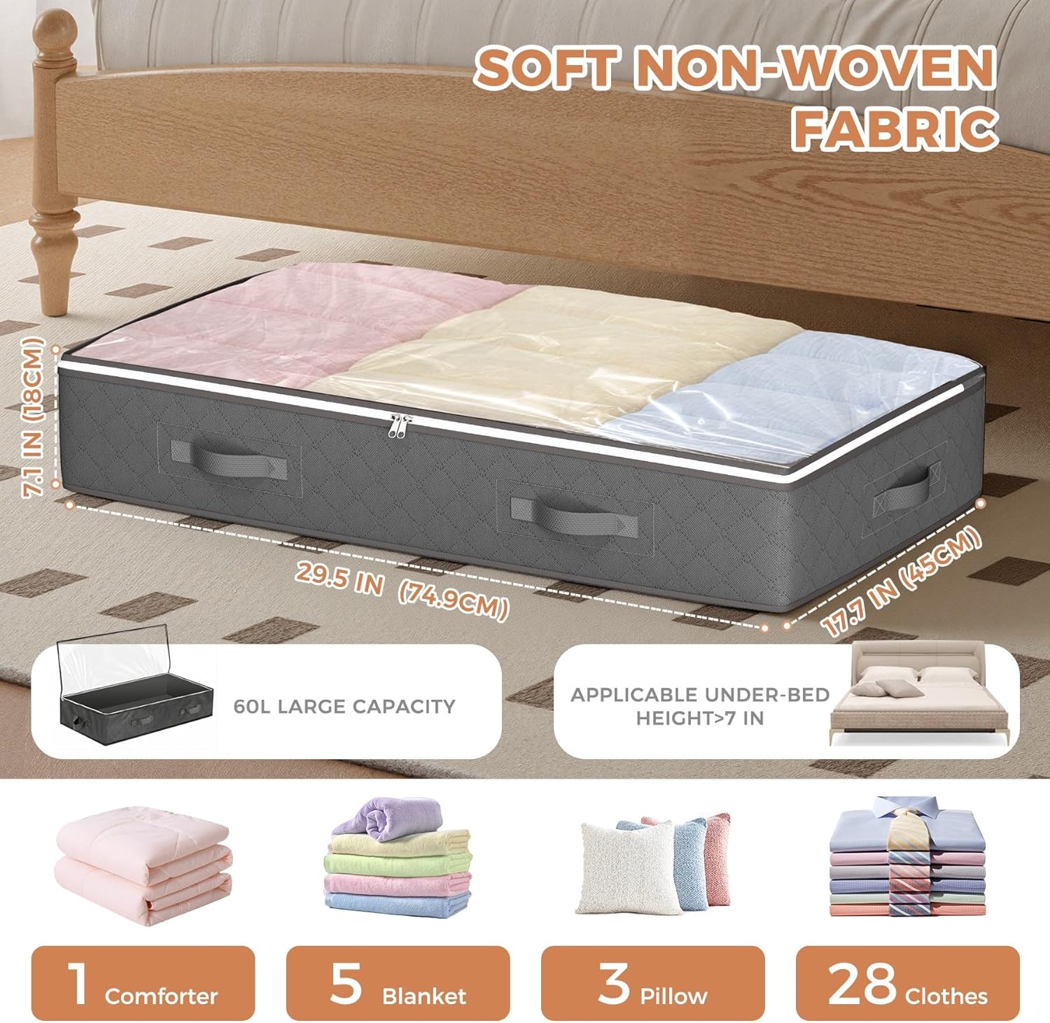 60L Under Bed Storage Containers, Storage Bins with Clear Lids, Foldable Closet Organizers for Clothes, Blankets