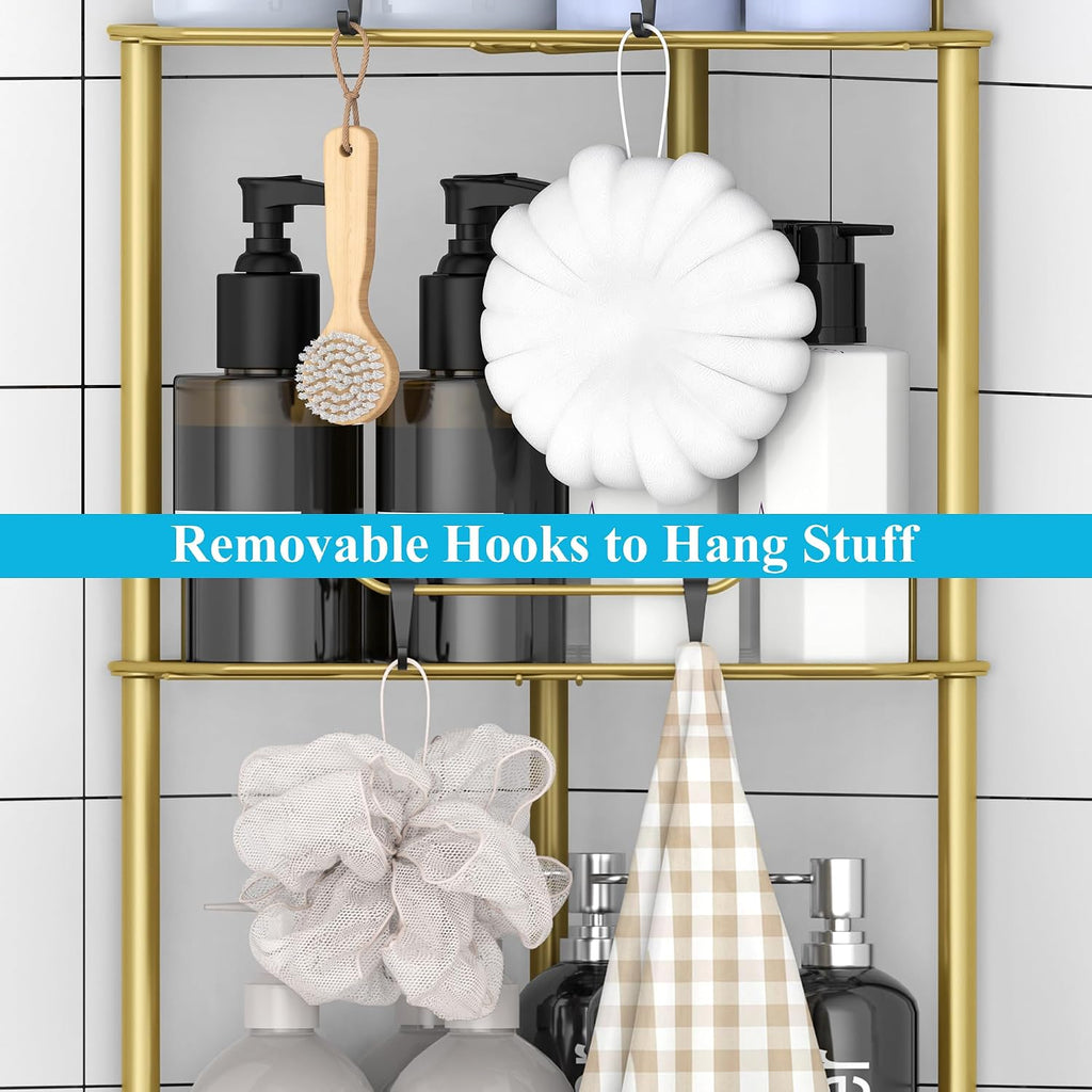Metal Floor Standing Corner Shower Caddy, Gold, 4 Tier | Adhesive Bathroom Organizer Shelves, Free Standing Shower