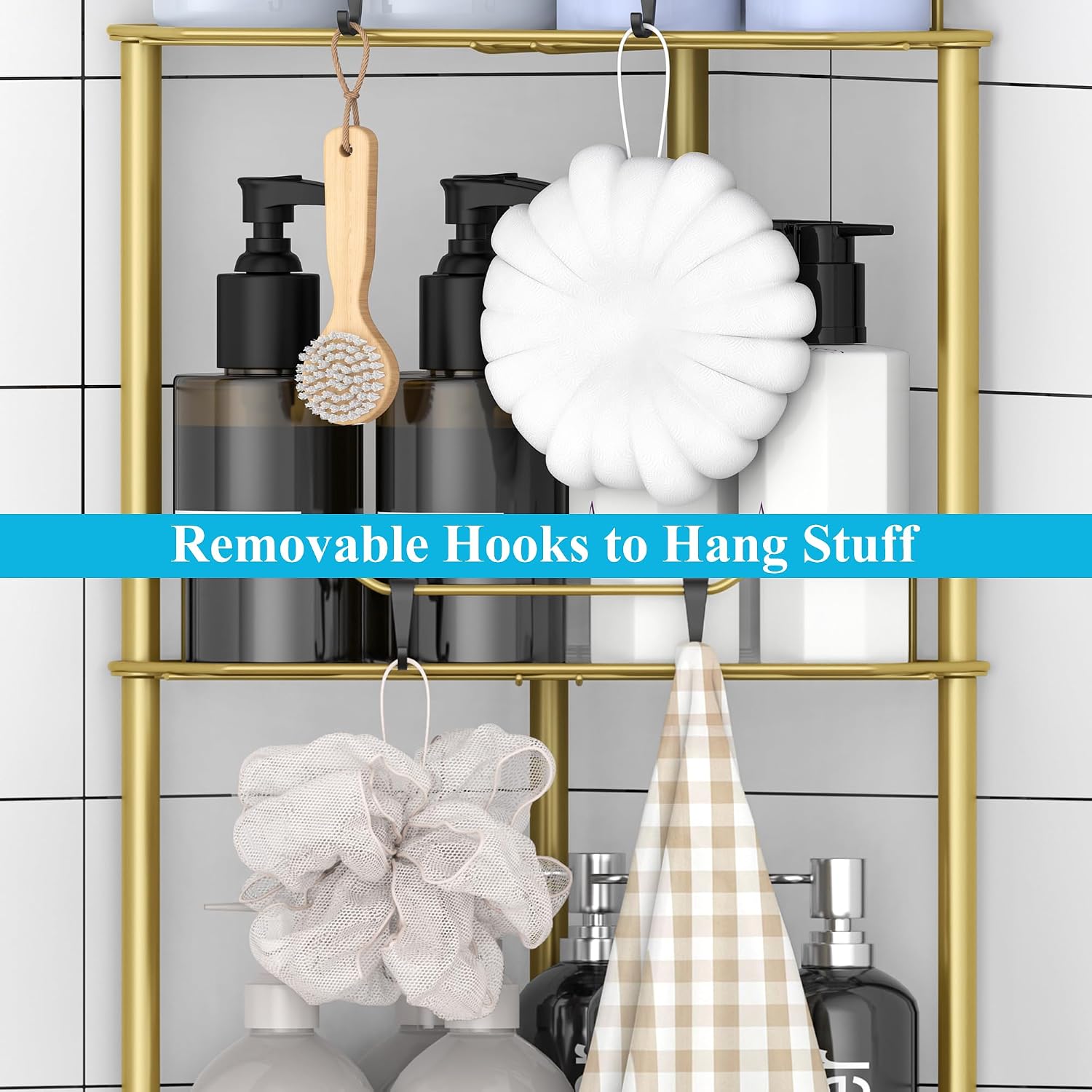 Metal Floor Standing Corner Shower Caddy, Gold, 4 Tier | Adhesive Bathroom Organizer Shelves, Free Standing Shower