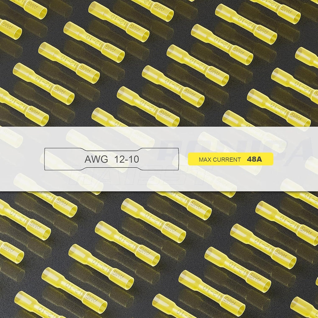 250PCS Yellow Heat Shrink Butt Connectors 12-10 AWG | 3:1 adhesive-lined heat shrink, built-in wire stop, single-size