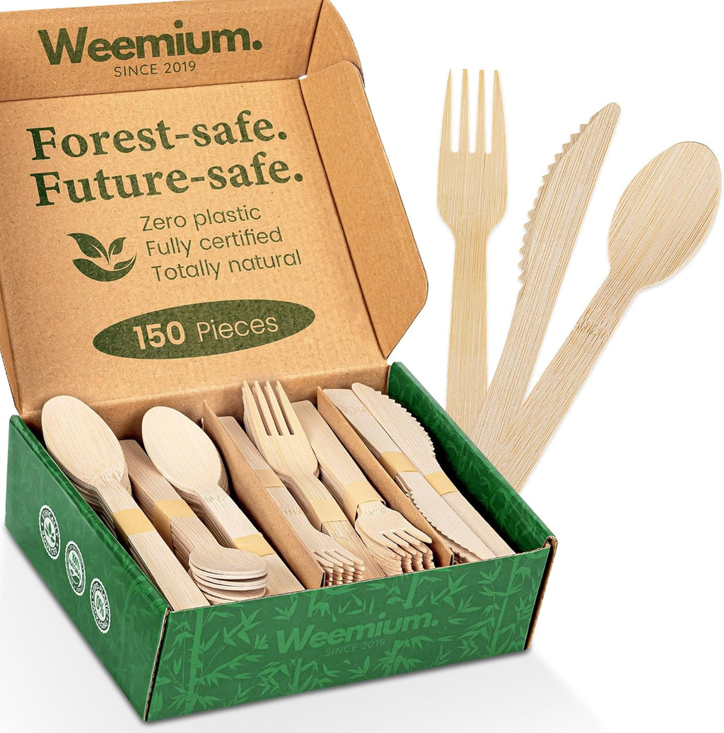Bamboo Cutlery Disposable Set, [150 Pack] Heavy-Duty Bamboo Utensils