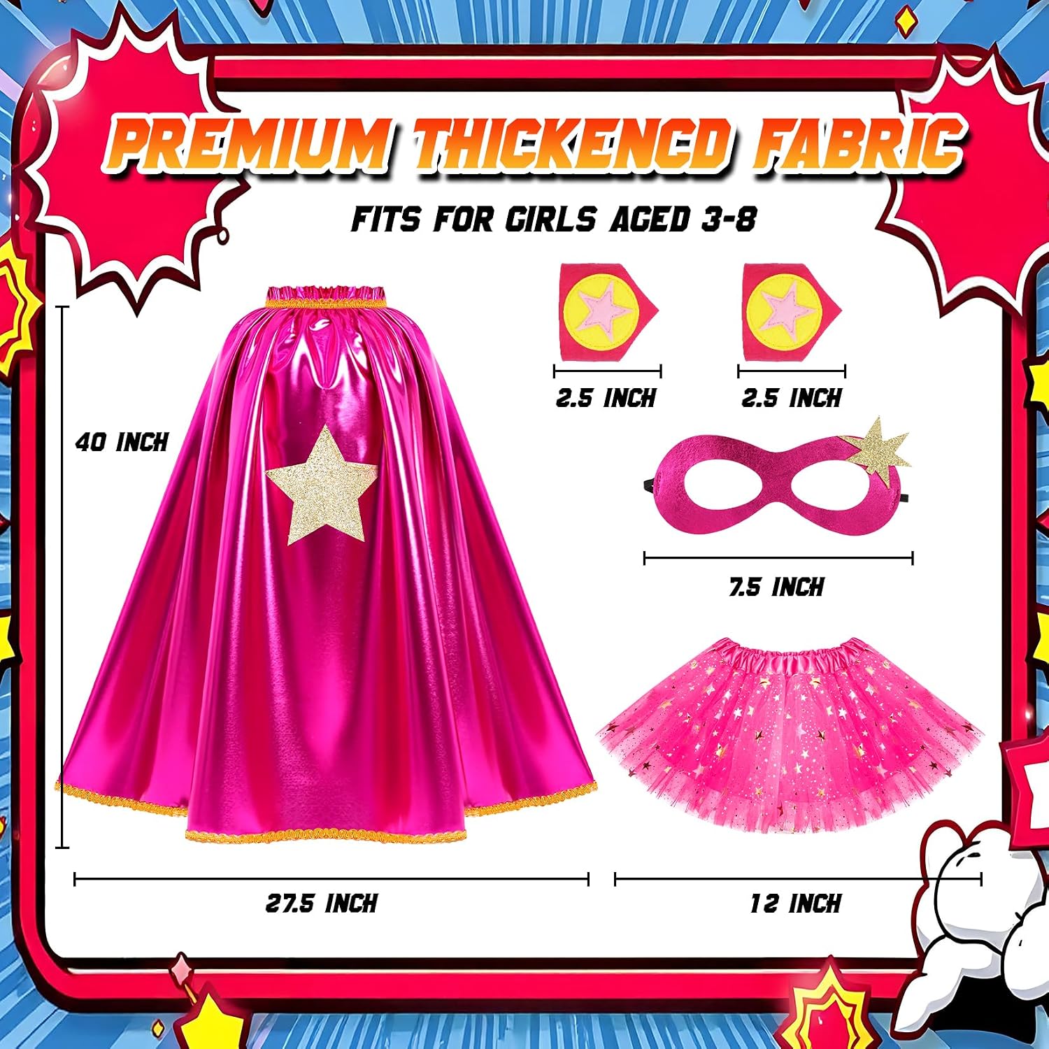Kids Superhero Cape Tutu Costume Set for Girls Halloween Dress Up Age 3-10 | Includes satin cloak, mask, star cuffs &