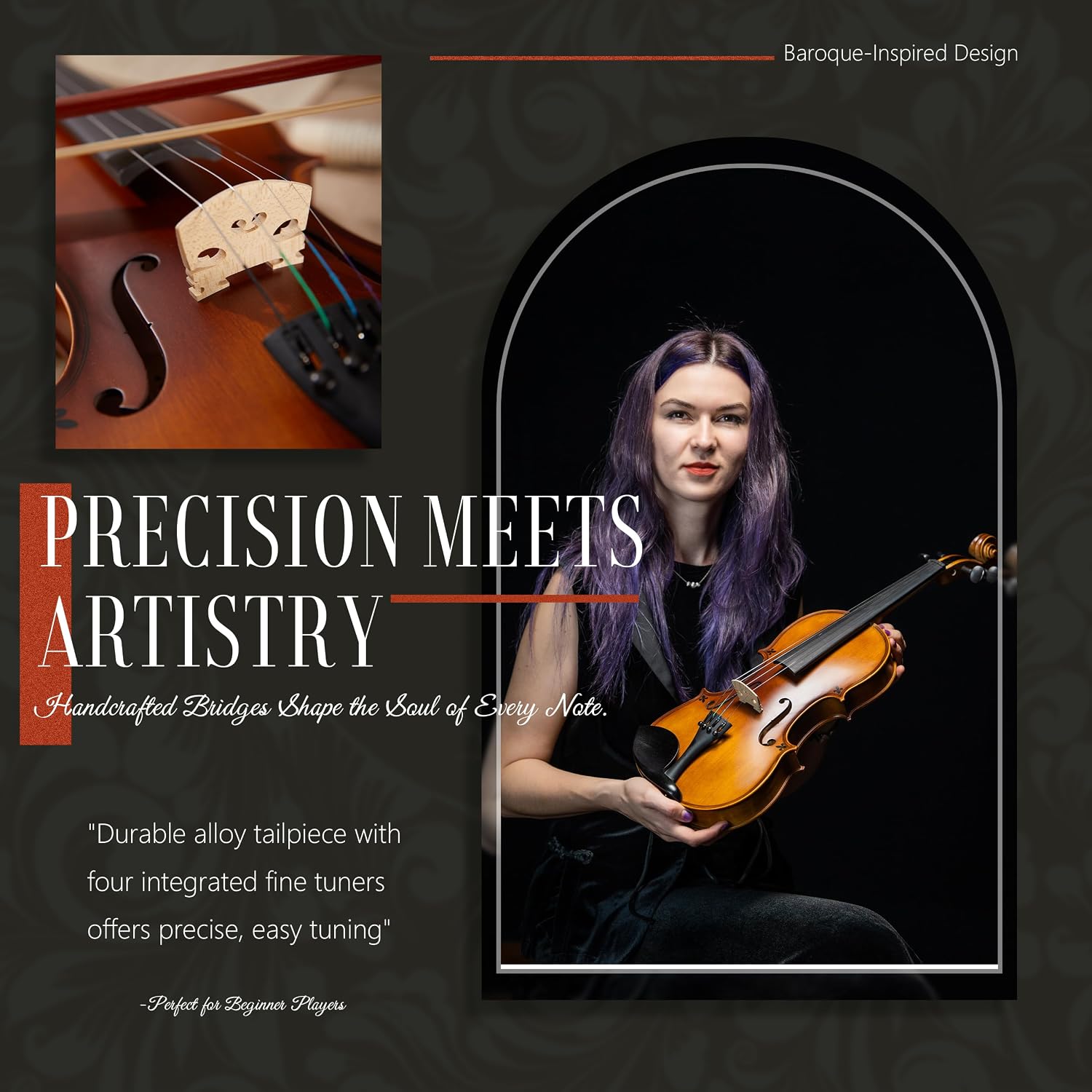 Handcrafted Full Size Violin: Solid Wood Matte Fiddle, Acoustic Beginner 4/4 Violin Kit with Hard Case, Lesson Book