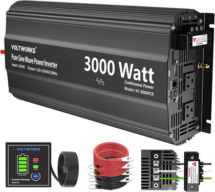 3000 Watt Pure Sine Wave Inverter 12V DC to 110V 120V AC VOLTWORKS | UL Fuses 3000W Power Inverter for Home RV Truck