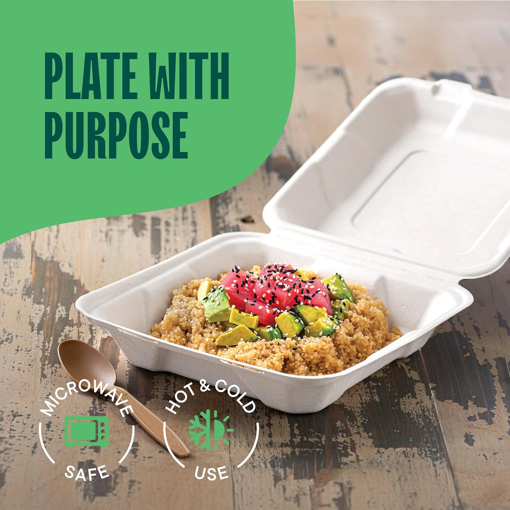 100% Compostable Clamshell Take Out Food Containers [8X8" 50-Pack] Heavy-Duty Quality to go Containers, Natural
