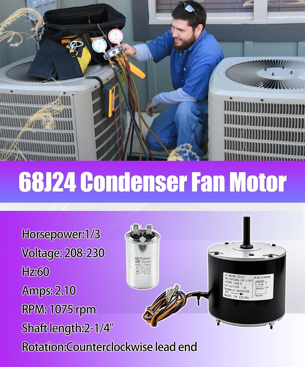 68J24 Condenser Fan Motor Fits for Lennox 68J2401,97M62,69W96,100483-29,100483-01,K55HXGCE-8094, (208-230V,1/3 HP,1Ph,60HZ,1075 RPM)