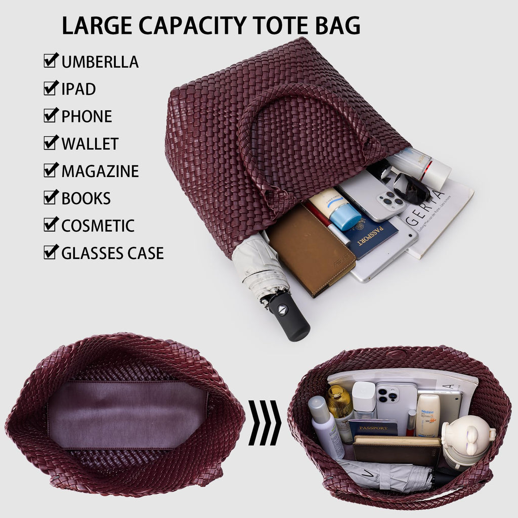 Woven Tote Bag for Women Soft Vegan Leather Large Shoulder Bag