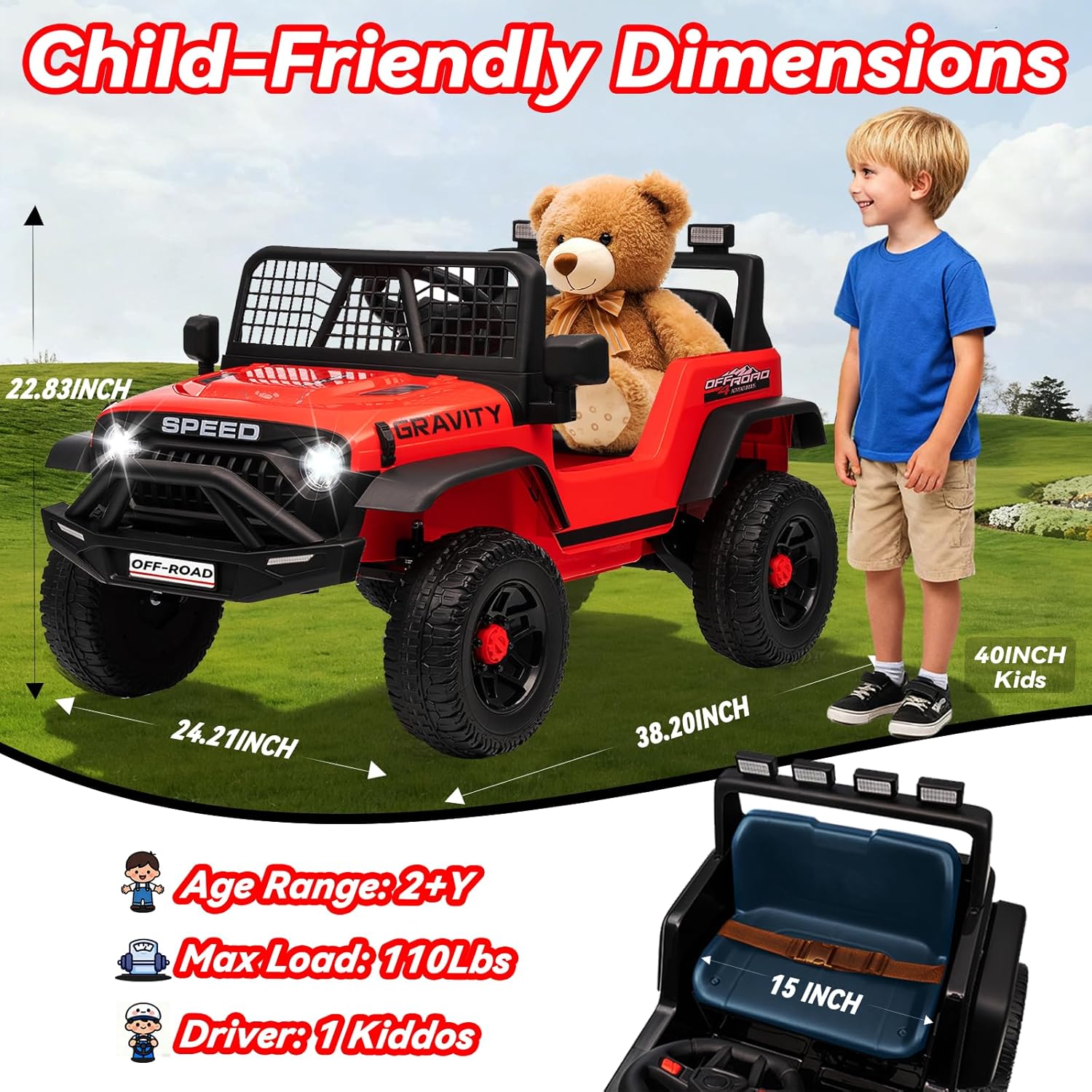 24V Ride on Toys w/Remote Control, 4WD Kids Ride on Truck Car, 3 Speed, Bluetooth Music, Wide Seat, Spring