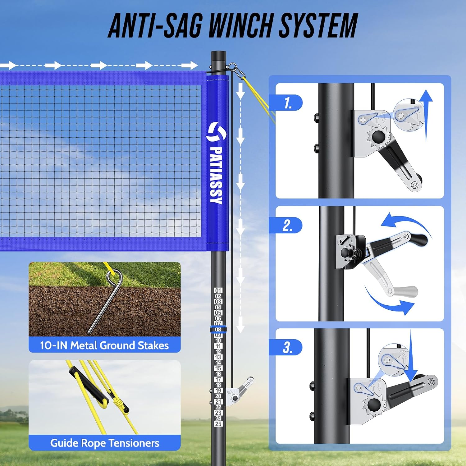Portable Volleyball Net Set for Backyard, Adjustable Width (32/26/20FT) & Height, Anti-Sag Tension Design for Outdoor