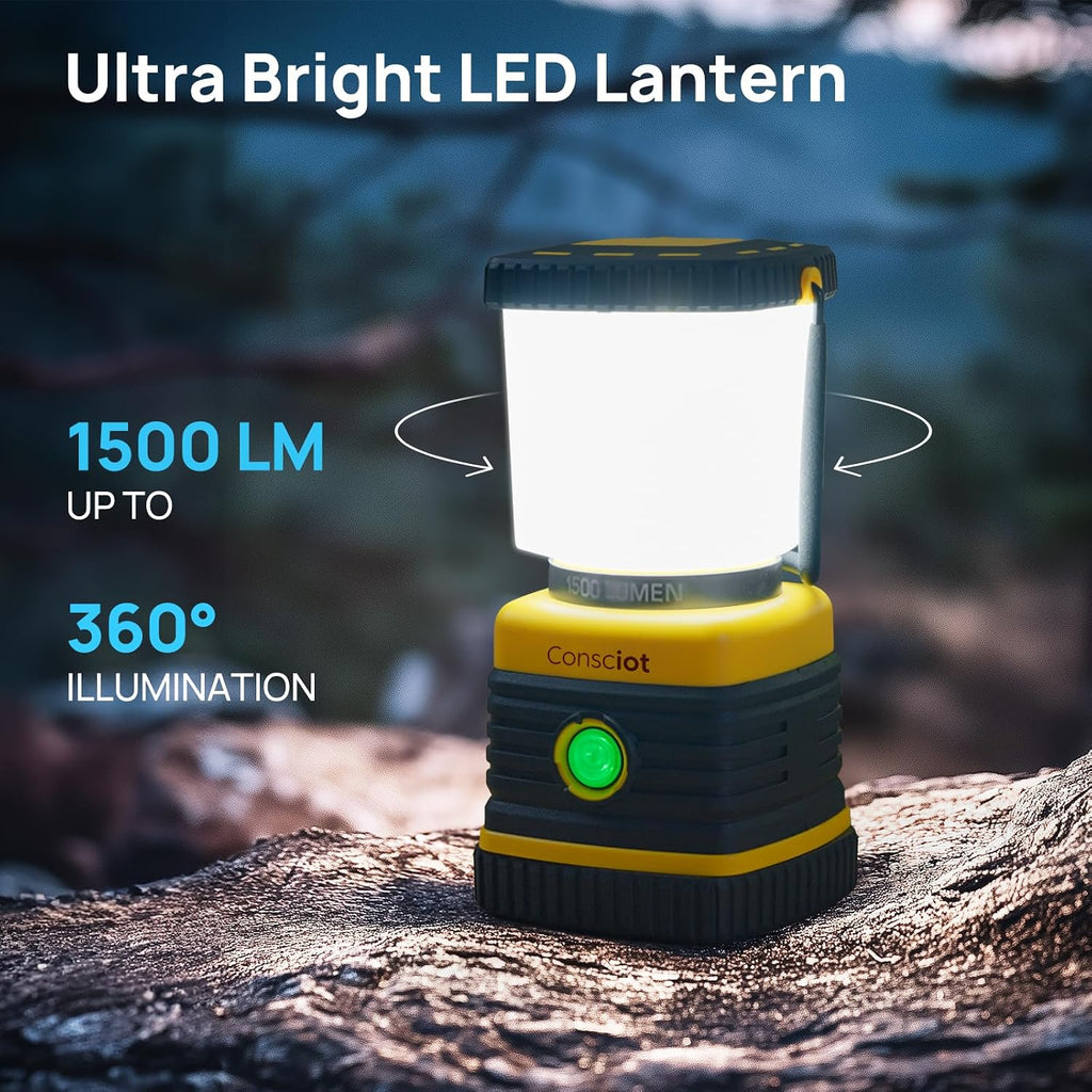 LED Camping Lantern, Consciot C02 USB-C Rechargeable Camping Lights, 1500LM, 5 Light Modes, Up to 100H Run Time, IPX4