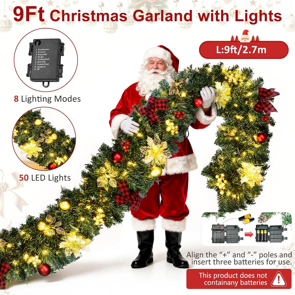 9FT Christmas Garland with Lights, Pre-Lit Garland for Christmas Decorations with, Bows, Berries, Balls, Flowers