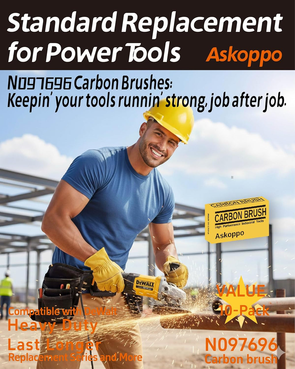 N097696 (10-Pack) Carbon Brushes, Carbones para DeWALT DWE4120 DWE4011 DWE4012 DWE4100 Angle Grinder Replacement - Askoppo