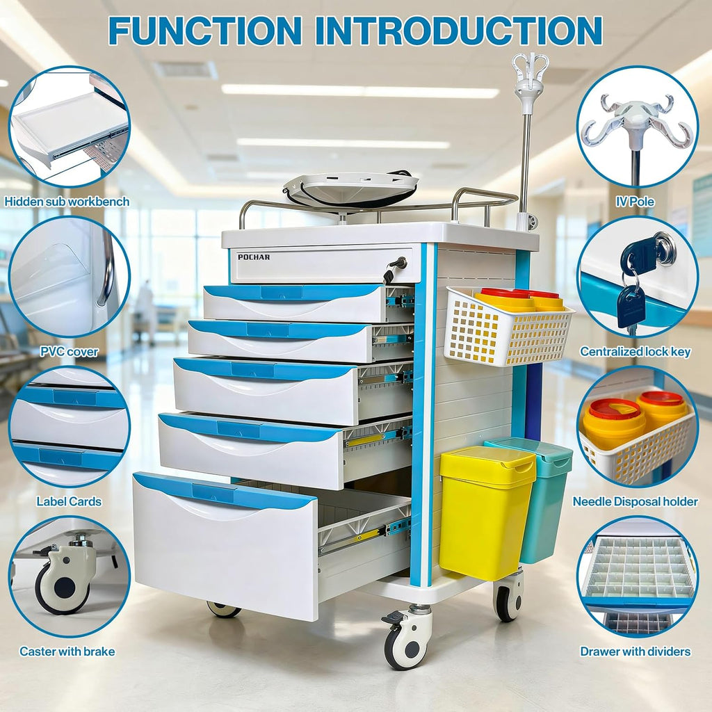 Medical Crash Cart with Emergency Accessory | 5-Tier Medical Storage Crash Cart with 4 Silent Wheels & 2 Trash Cans