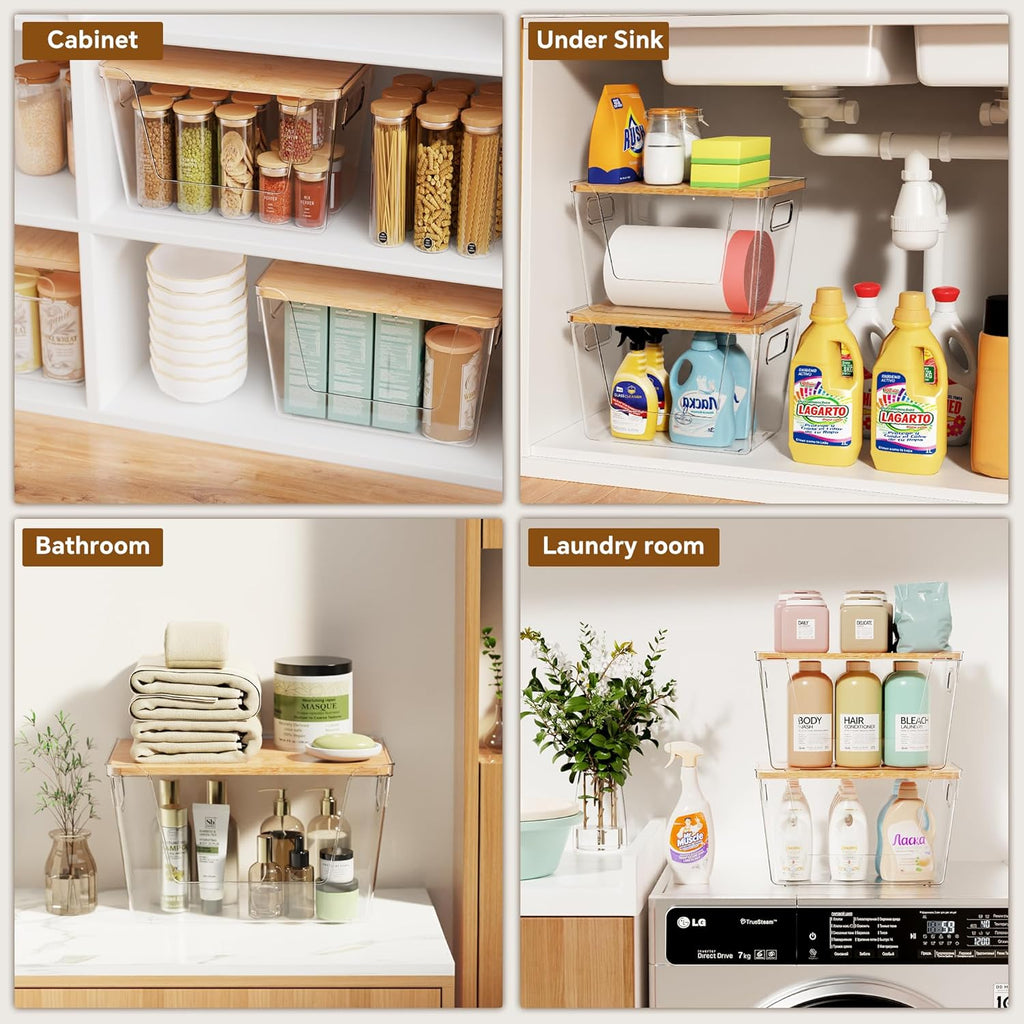 2 Set Pantry Organizers and Storage with Bamboo Lids, Stackable Clear Bins for Onion, Potato, Fruit, Vegetables