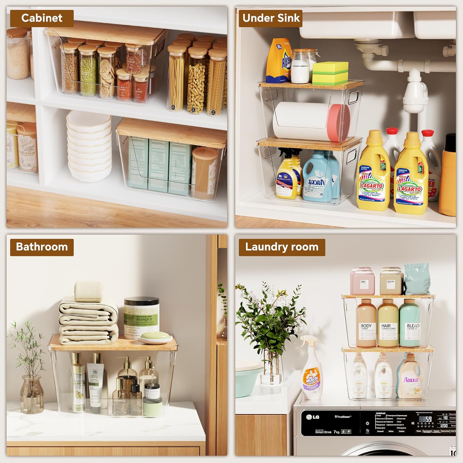 2 Set Pantry Organizers and Storage with Bamboo Lids, Stackable Clear Bins for Onion, Potato, Fruit, Vegetables