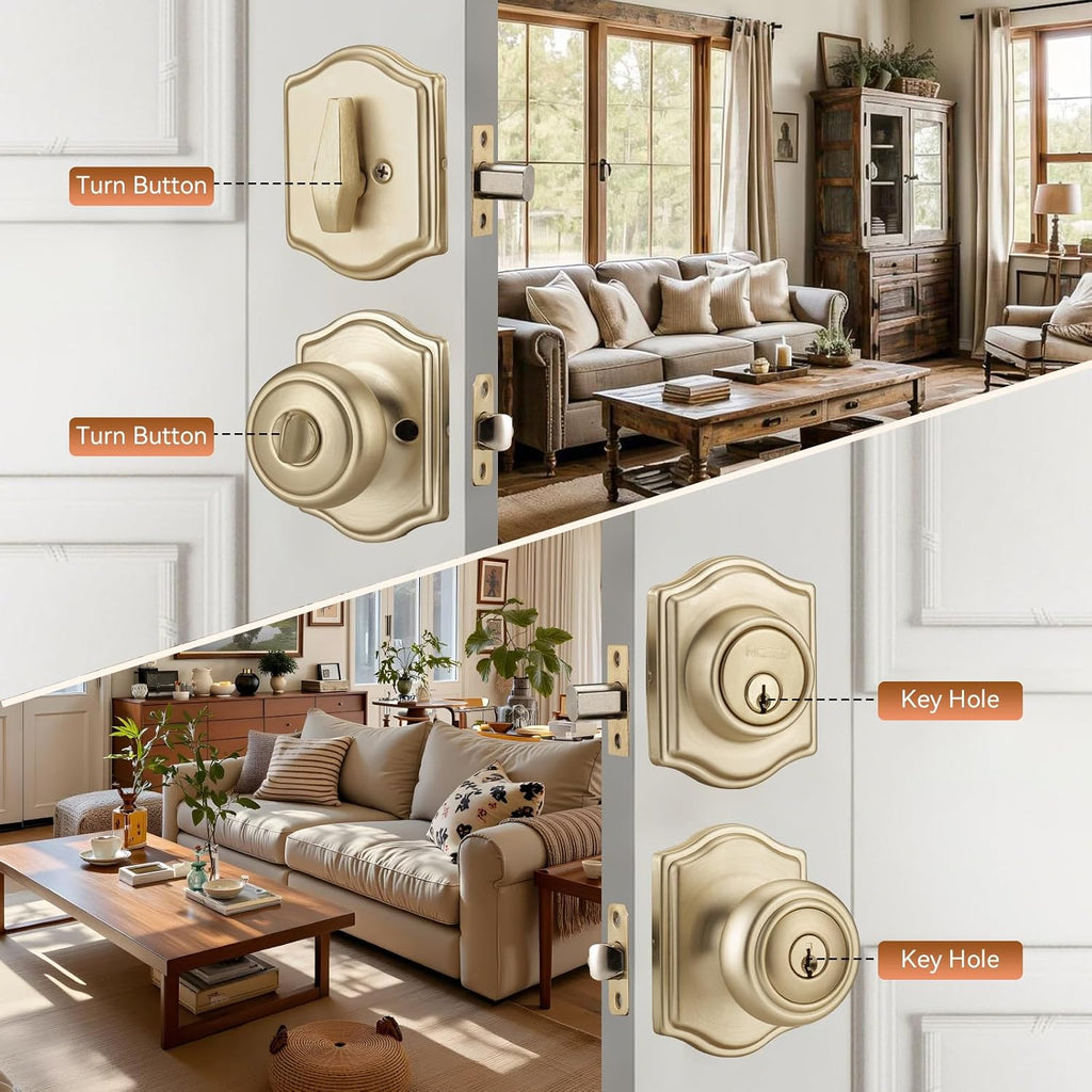 Brushed Gold Door Knobs with Camelot Trim, Exterior Door Lock Set with Deadbolt Keyed Alike, Coastal Style Exterior