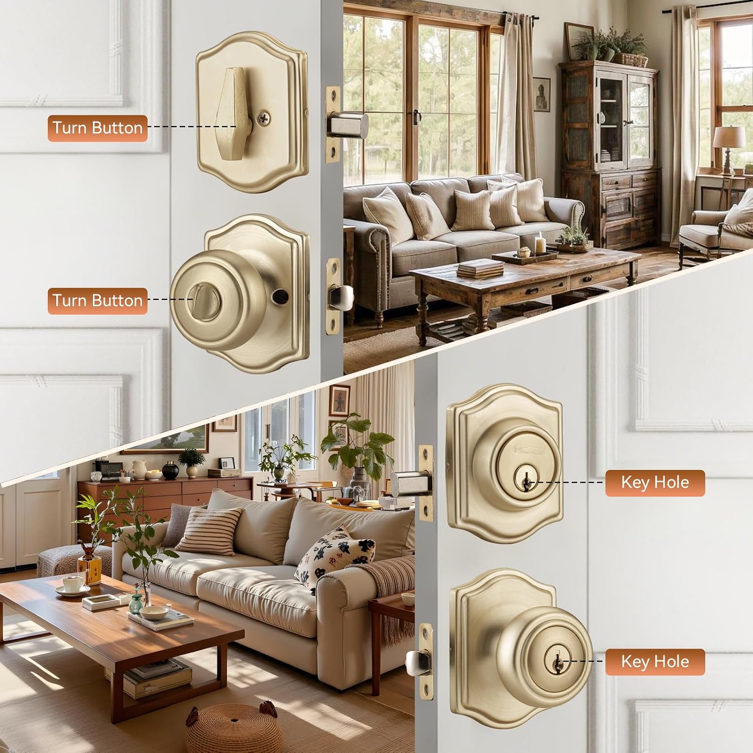 Brushed Gold Door Knobs with Camelot Trim, Exterior Door Lock Set with Deadbolt Keyed Alike, Coastal Style Exterior