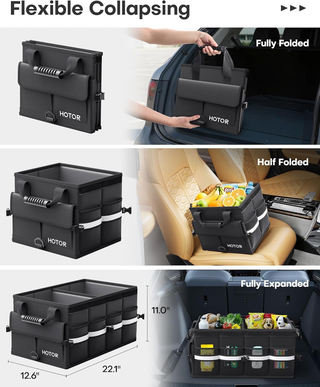 Car Trunk Organizer - Foldable Trunk Organizer for SUV, Car Storage with Reflective Strips & Securing Cover, Large