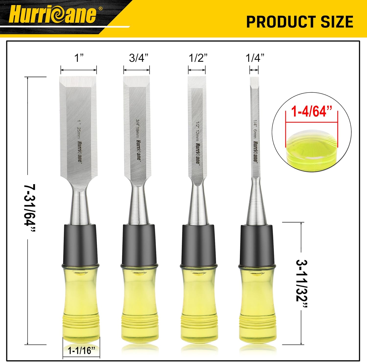 4 Piece Wood Chisel Set for Woodworking. CR-V Steel Beveled Edge Blades with Safety Caps. Durable PVC High Impact