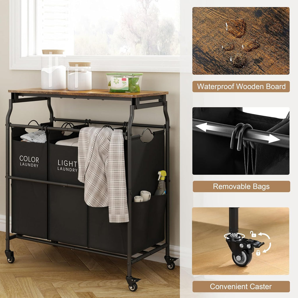 3 Section Laundry Sorter with Iorning Board, Laundry Hamper, Black | Lockable Wheels, Laundry Basket Organizer with