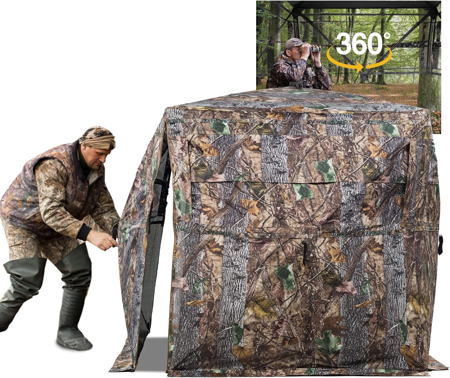 Hunting Blind 270/360 Degree See Through Ground Blind with Carrying Bag, 2/3/4 Person Pop Up Camouflage Tent Portable