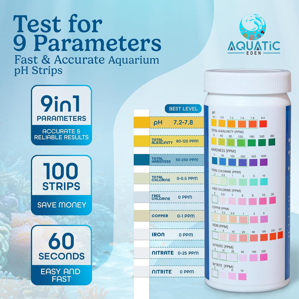 9-in-1 Aquarium Water Test Kit - 100 Freshwater & Saltwater Test Strips | Fish Tank Kit for pH, Nitrate, Nitrite