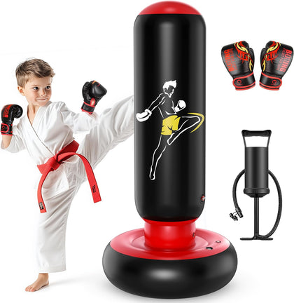 Kids Punching Bag Toy with Boxing Gloves, 66 Inch Larger Stable Kids Inflatable Boxing Bag Set, Gifts for Boys &