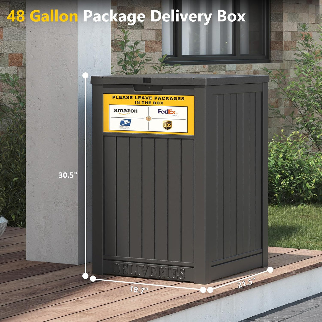 Package Delivery Box for Outside with Sign, 48 Gallon Storage with Lockable Secure, Large Double Wall Resin Outdoor